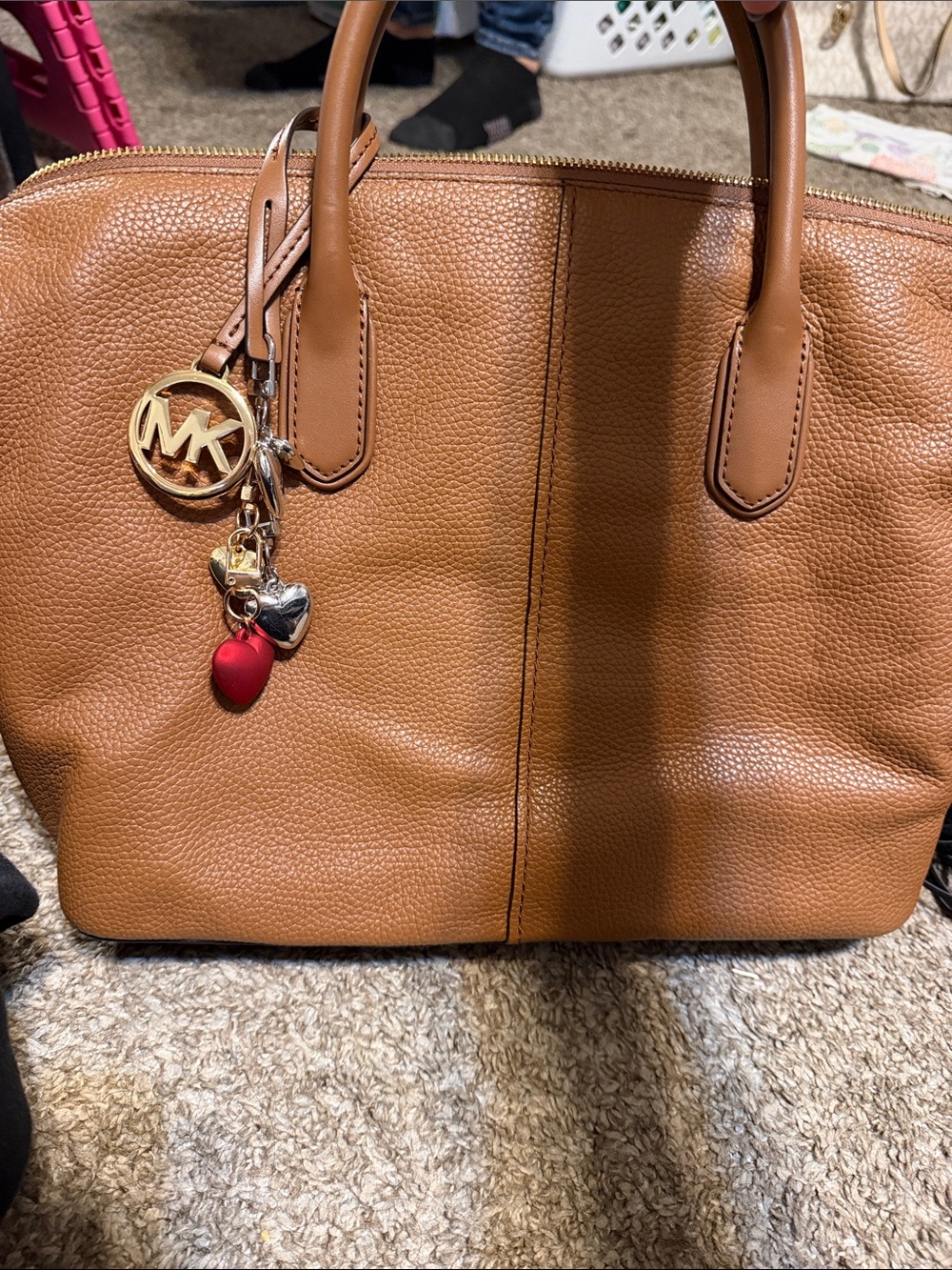 Michael Kors Cognac Pebbled Leather Satchel with Heart Charm
